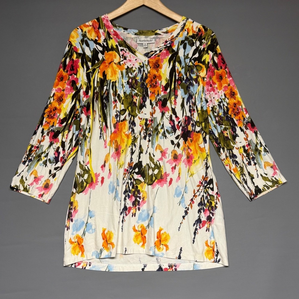 NorthStyle Womens Floral Watercolor Knit Top Orange Yellow Size M 3/4 Sleeve